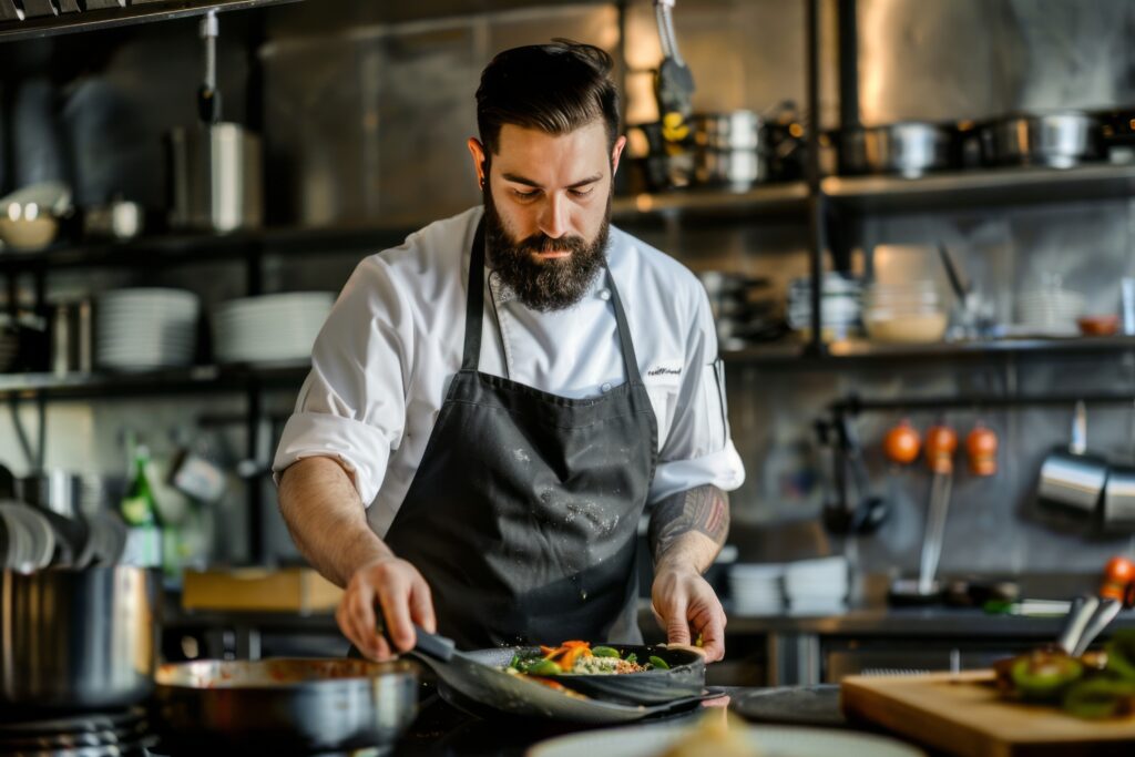 professional-chef-apron-concentrates-preparing-gourmet-dish-kitchen-modern-restaurant